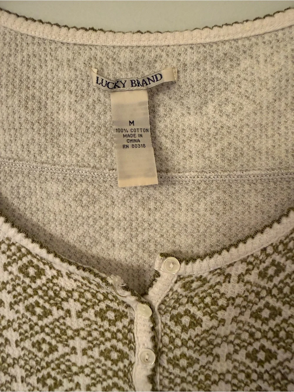 Lucky Brand Olive and Cream Fair Isle Henley Long Sleeve Top - Picture 3 of 3
